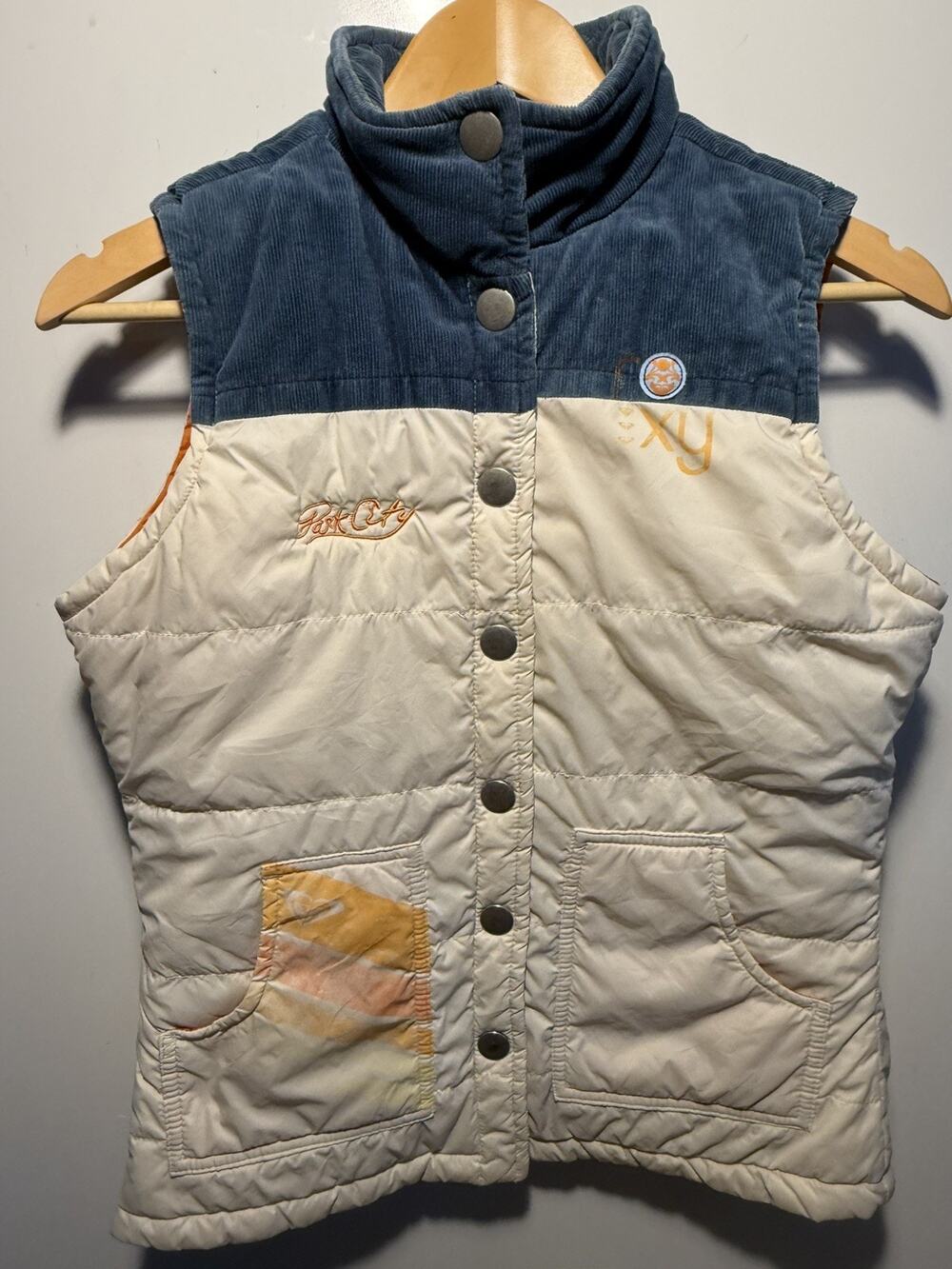 Vintage Roxy Puffer Vest Corduroy Snap Buttons Y2k Park City Front Pockets Logos